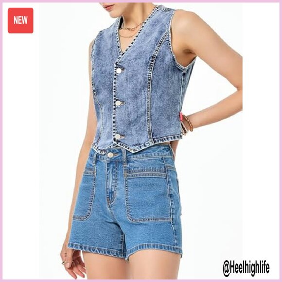 Women's Denim Vest Sleeveless V Neck Button Down Crop Waistcoat - Picture 4 of 8